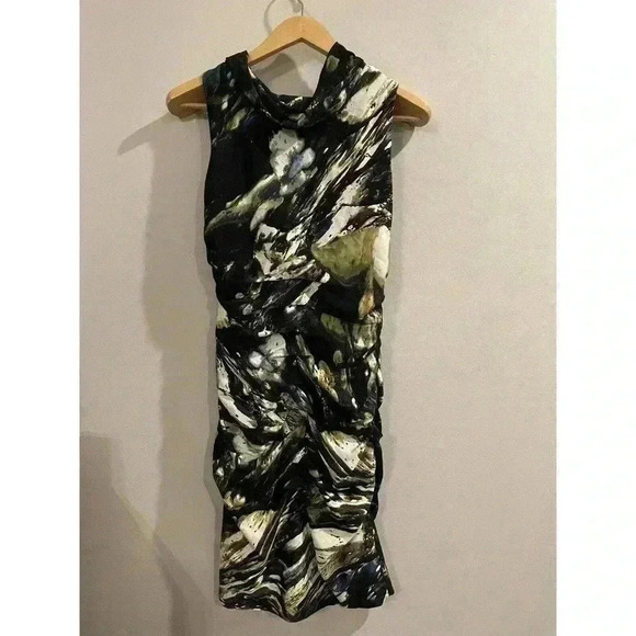 NEWPORT NEWS Mini Dress Cowl Collar Stretchy Multi-Color Lined Sleeveless Ruched - Picture 4 of 6